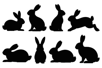 Silhouette of playful rabbits in different poses isolated on white background vector art