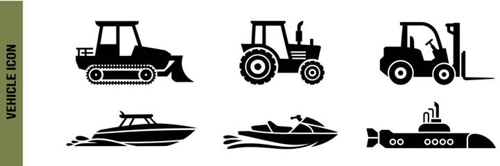 Silhouette icons of  different vehicles including land and water transport options collection