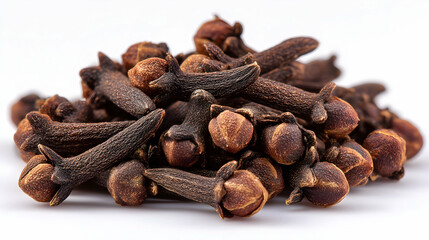 Fototapeta premium Close-up of dried cloves spice with dark brown color and textured surface, arranged in a small pile on a white background.