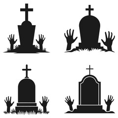 Spooky graveyard silhouette with hands reaching around headstones raising from the ground up