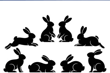 Silhouette of playful rabbits in different poses isolated on white background vector art