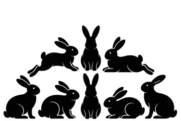 Silhouette of playful rabbits in different poses isolated on white background vector art