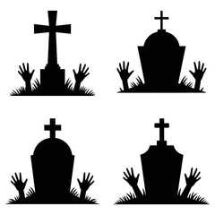Spooky graveyard silhouette with hands reaching around headstones raising from the ground up