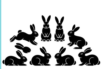 Silhouette of playful rabbits in different poses isolated on white background vector art