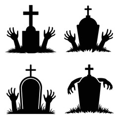 Spooky graveyard silhouette with hands reaching around headstones raising from the ground up