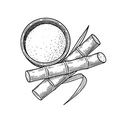 Engraved black and white vector illustration of sugarcane stalks, sugar crystals in a wooden bowl, and a leaf, drawn in a delicate vintage style with fine lines.