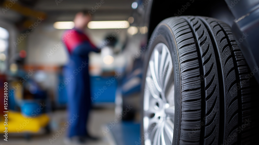 Poster close-up of a car tire in a workshop with a mechanic and vehicle in the blurred background.