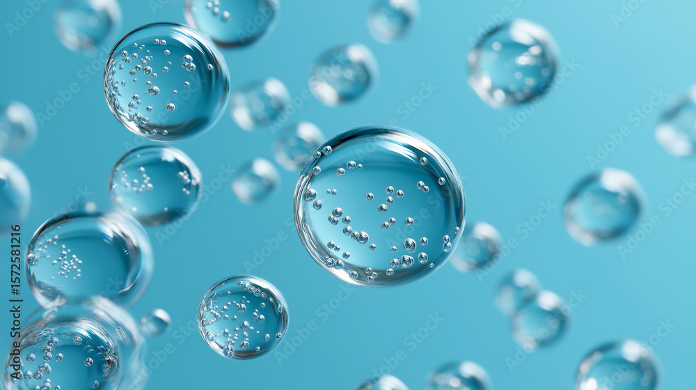 Poster multiple water bubbles floating in a blue environment with a light gradient background.