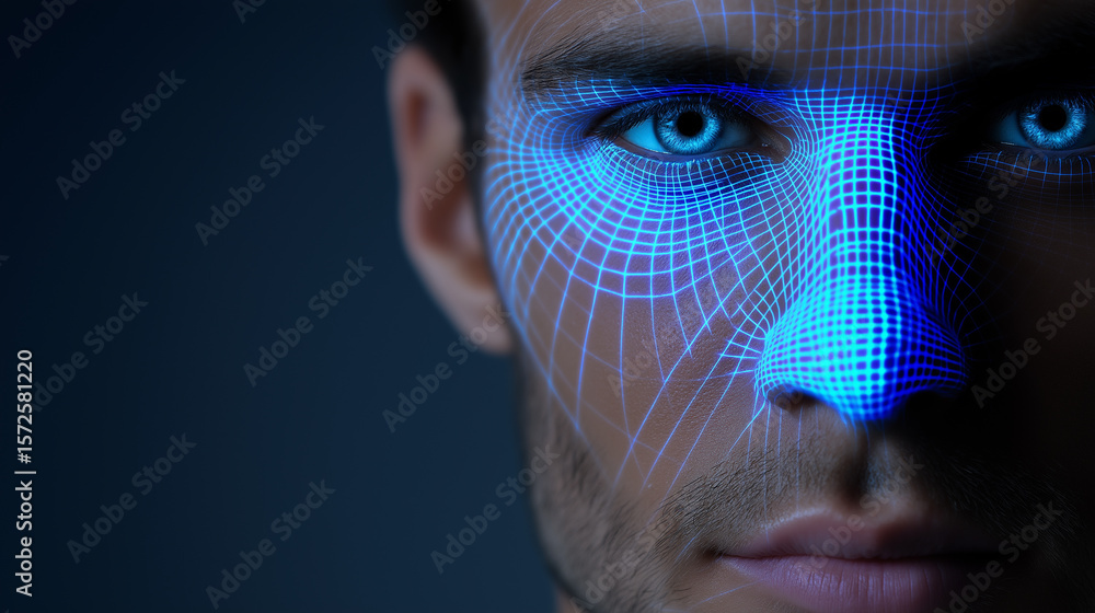 Poster close-up of a man's face with a digital grid overlay representing facial recognition technology.