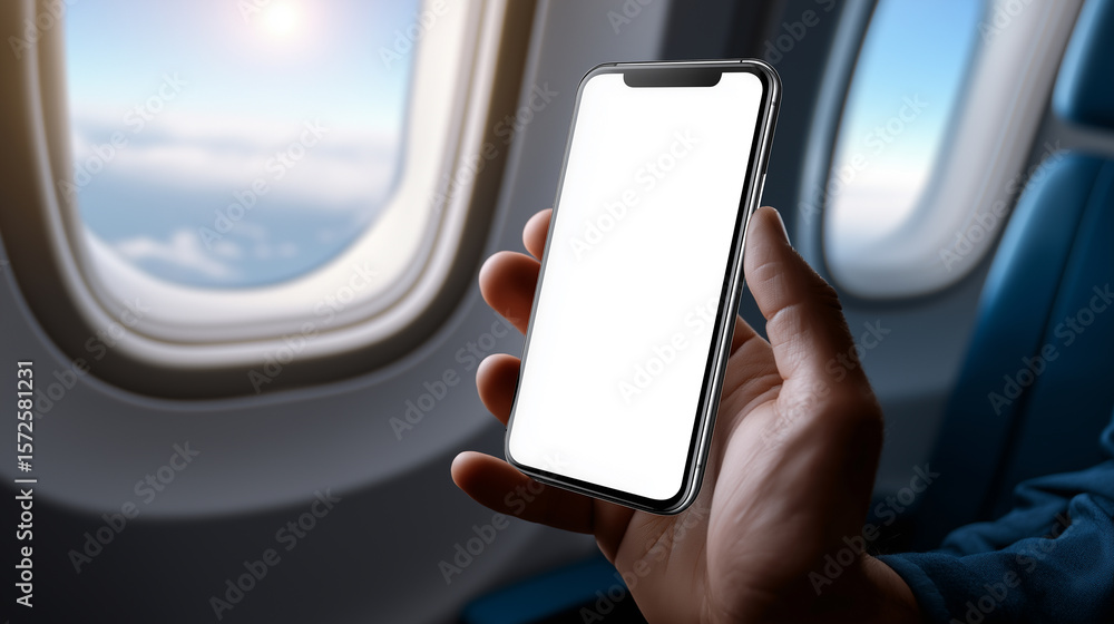 Poster close-up of a person using a smartphone with a blank screen next to an airplane window.
