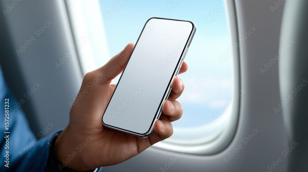Poster close-up of a person using a smartphone with a blank screen next to an airplane window.