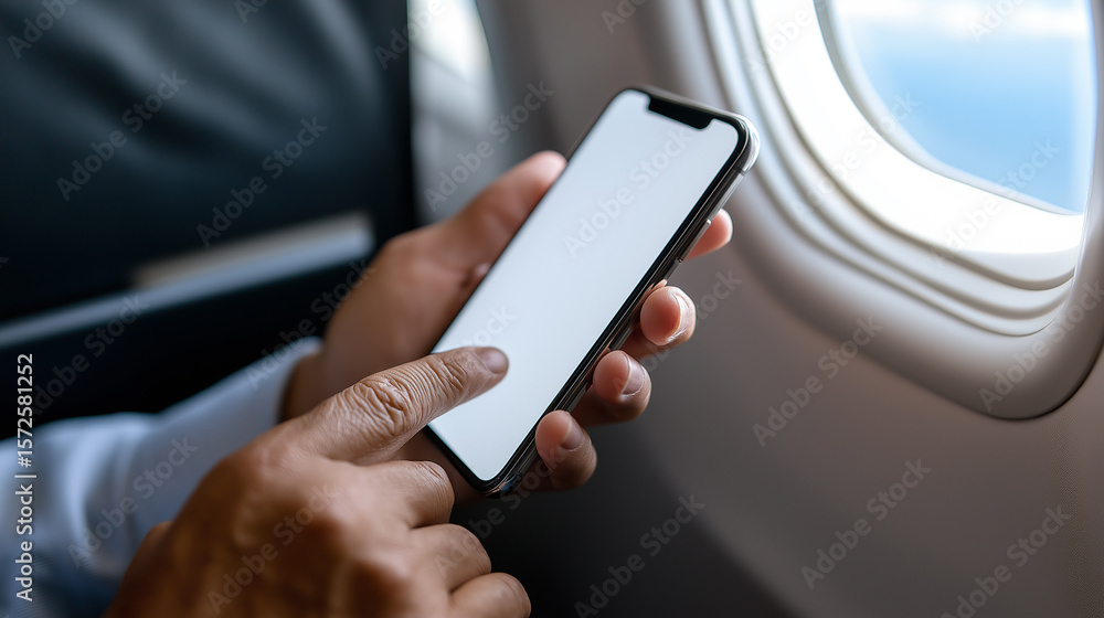 Poster close-up of a person using a smartphone with a blank screen next to an airplane window.