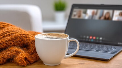 Coffee Break with Connection: A cozy moment unfolds as a steaming cup of coffee sits beside a laptop, hosting a virtual meeting. A soft, warm sweater adds to the inviting atmosphere.
