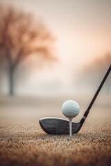 Close-up of a golf ball and driver on a tee, with a golf course background, leaving space for text, a blurred landscape background.