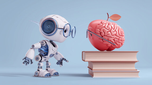Curious robot with glasses examines brain shaped apple on stack of books, symbolizing AI in education and lifelong learning. scene is set against light blue background