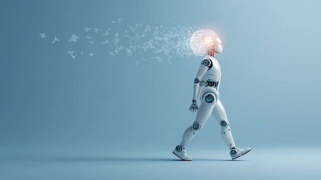 Humanoid robot with glowing brain walks forward, symbolizing AI in education and lifelong learning. digital particles emanating from its head suggest innovation and skilling gap solutions