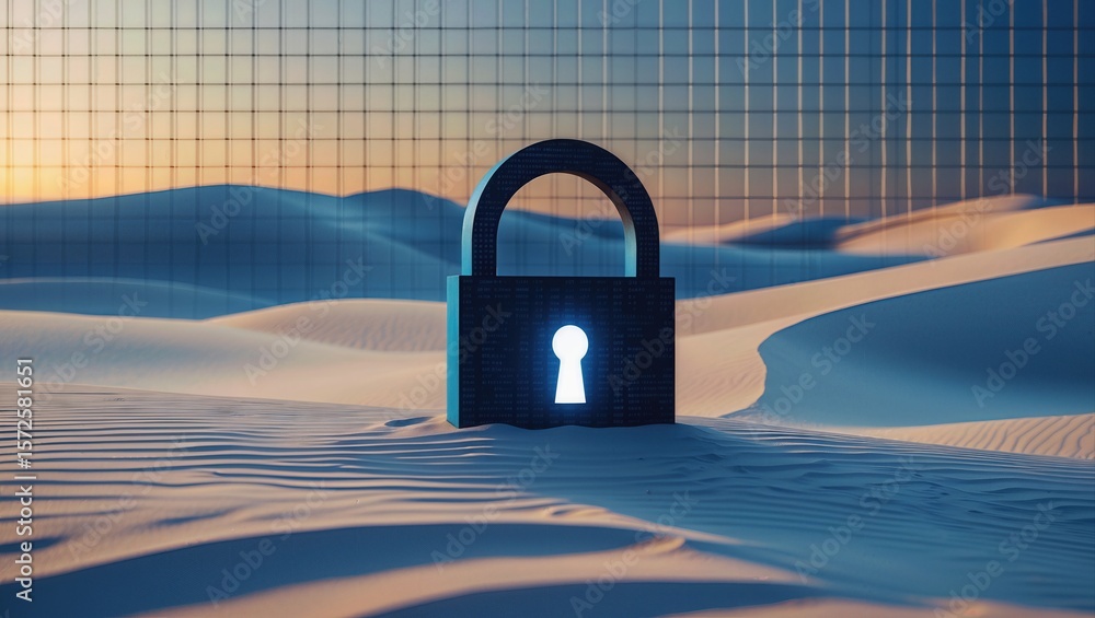 Poster digital padlock illuminated against desert landscape with soft dunes and grid-patterned background