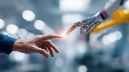 Human and robot hands reaching for each other in a futuristic workspace during daylight hours