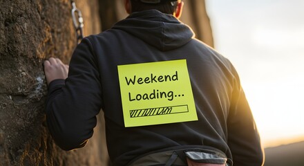 A climber pauses on a rock wall with a 'Weekend Loading' sticky note, signifying anticipation for leisure and adventure after a week of work, capturing aspiration and free time.