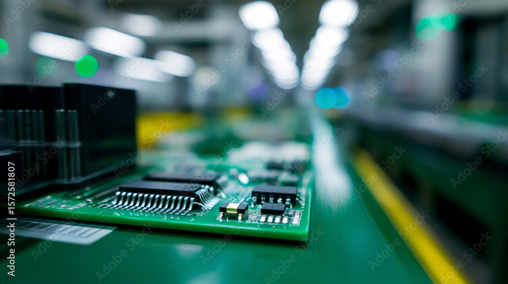 Poster close-up of a printed circuit board on a production line in a high-tech electronics factory.