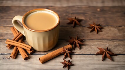 Chai tea latte in a ceramic mug, surrounded by cinnamon sticks, cardamom, and star anise, rustic wooden surface