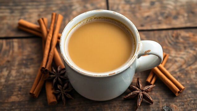 Chai tea latte in a ceramic mug, surrounded by cinnamon sticks, cardamom, and star anise, rustic wooden surface