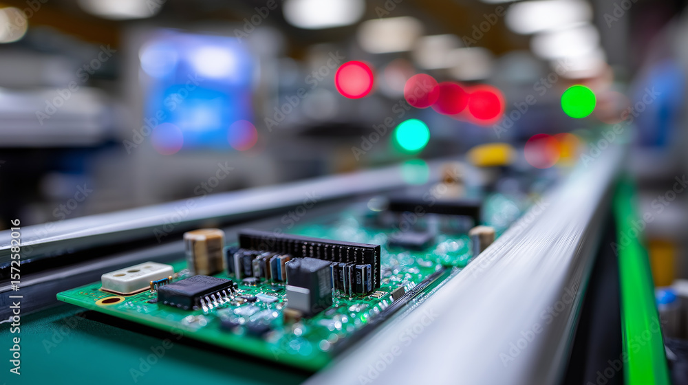 Poster close-up of a printed circuit board on a production line in a high-tech electronics factory.