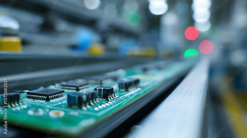 Poster close-up of a printed circuit board on a production line in a high-tech electronics factory.
