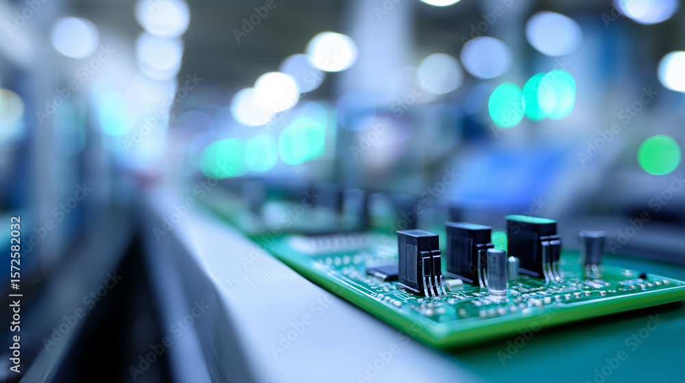Poster close-up of a printed circuit board on a production line in a high-tech electronics factory.