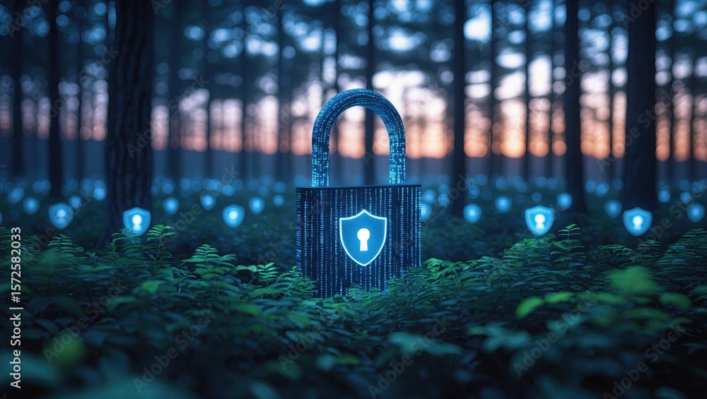 Poster a luminous digital lock in a serene forest setting, surrounded by glowing icons representing securit