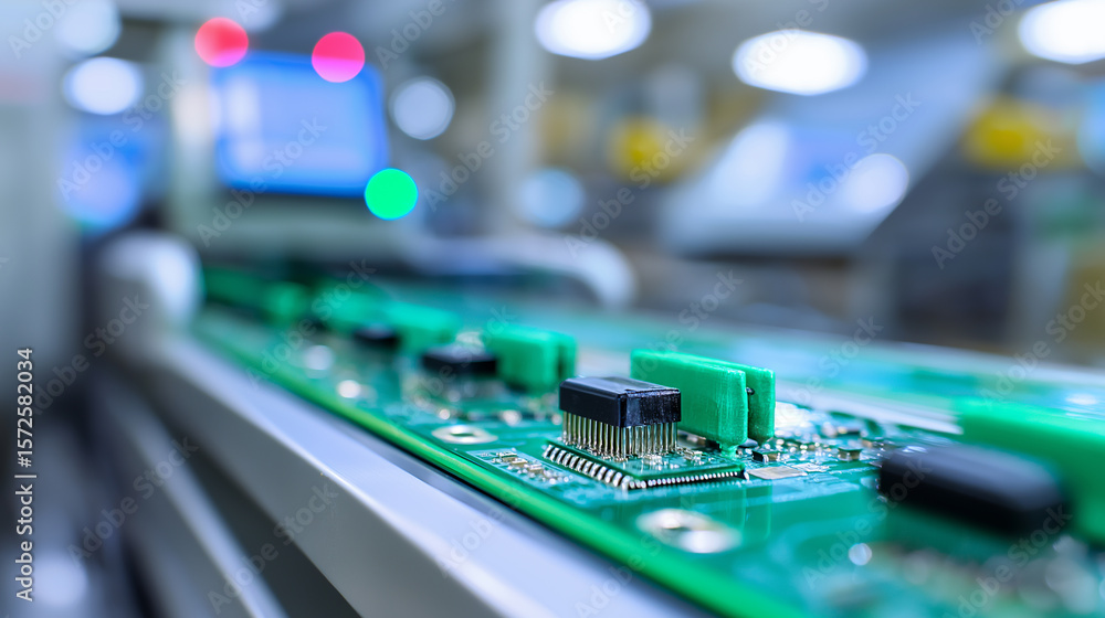 Poster close-up of a printed circuit board on a production line in a high-tech electronics factory.