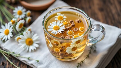 Chamomile tea in a transparent glass cup with flowers floating in the tea, rustic table with herbs