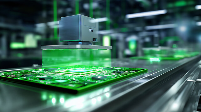 Futuristic robotic system inspecting a glowing green printed circuit board on a high-tech production line.

