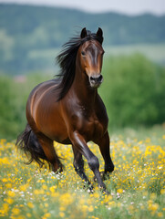 Obraz premium Running horse on the meadow, illustration for 2026 calendar, month March