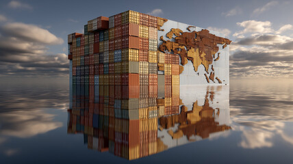 Large cube made of shipping containers with world map design reflects on calm water, symbolizing global trade and supply chain dynamics. scene is set under partly cloudy sky