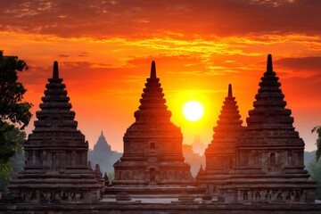 Plaosan temple showing majestic sunrise in indonesia