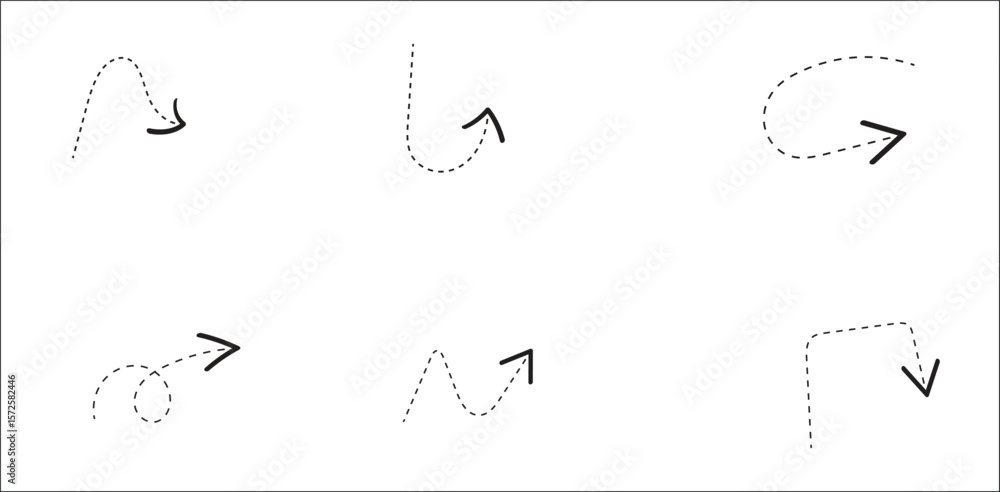 Poster minimalist hand-drawn dotted arrows with curves and twists on transparent background – abstract dash