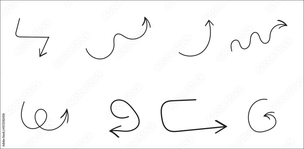 Poster set of hand-drawn arrows with curls, twists, and curves on white background – abstract sketch-style 