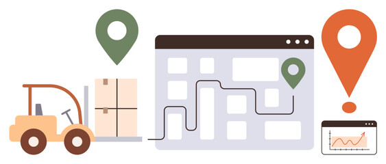 Fototapeta premium Forklift carrying goods, map with route and location pins, data graph indicating performance. Ideal for logistics, delivery, planning, transport, supply chain, tracking operational efficiency