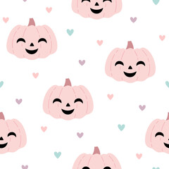 Pink Halloween pumpkin seamless pattern. Spooky seasonal, Scary, Horror, Happy Halloween vector background.
