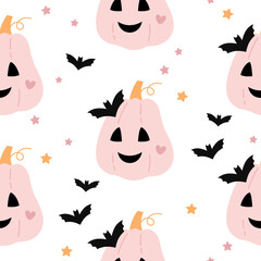 Pink Halloween pumpkin seamless pattern. Spooky seasonal, Scary, Horror, Happy Halloween vector background.