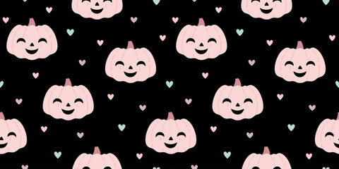 Fototapeta premium Pink Halloween pumpkin seamless pattern. Spooky seasonal, Scary, Horror, Happy Halloween vector background.