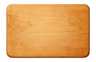 Rectangular light brown wooden cutting board with rounded edges on transparent background.