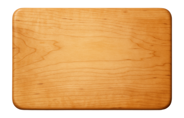 Rectangular light brown wooden cutting board with rounded edges on transparent background.