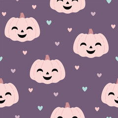Pink Halloween pumpkin seamless pattern. Spooky seasonal, Scary, Horror, Happy Halloween vector background.