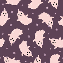 Pink Halloween ghost seamless pattern. Scary Halloween, Spooky seasonal vector background
