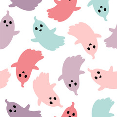 Spooky Halloween seamless pattern with cute colorful ghosts. Scary Halloween vector illustration
