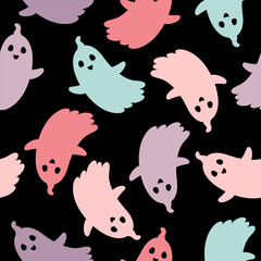 Spooky Halloween seamless pattern with cute colorful ghosts. Scary Halloween vector illustration