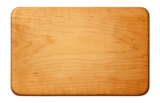 Rectangular light brown wooden cutting board with rounded edges on transparent background.