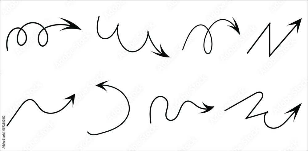 Poster hand-drawn curved and squiggly arrow set isolated on white background – abstract doodle direction sy